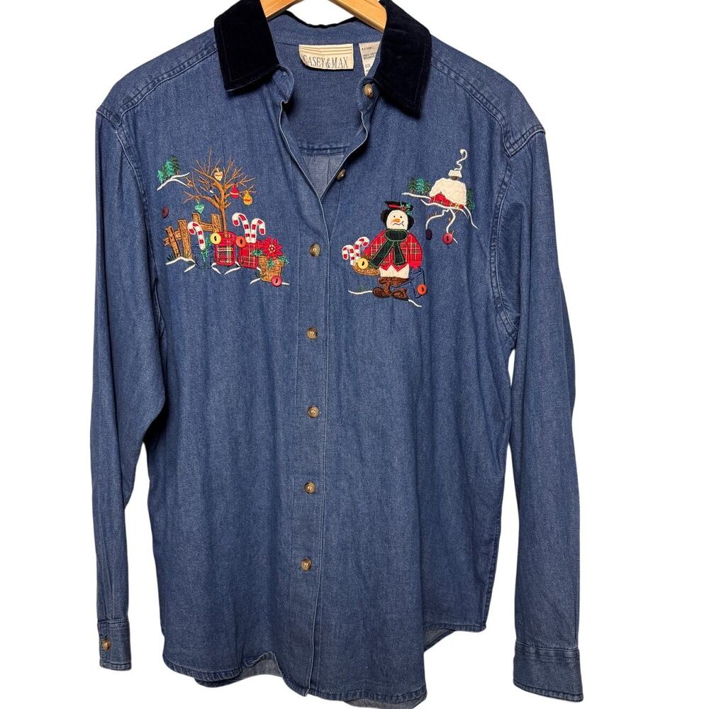 Womens Vintage Casey & Max Denim Christmas Embroidered Button Shirt Blue Size M